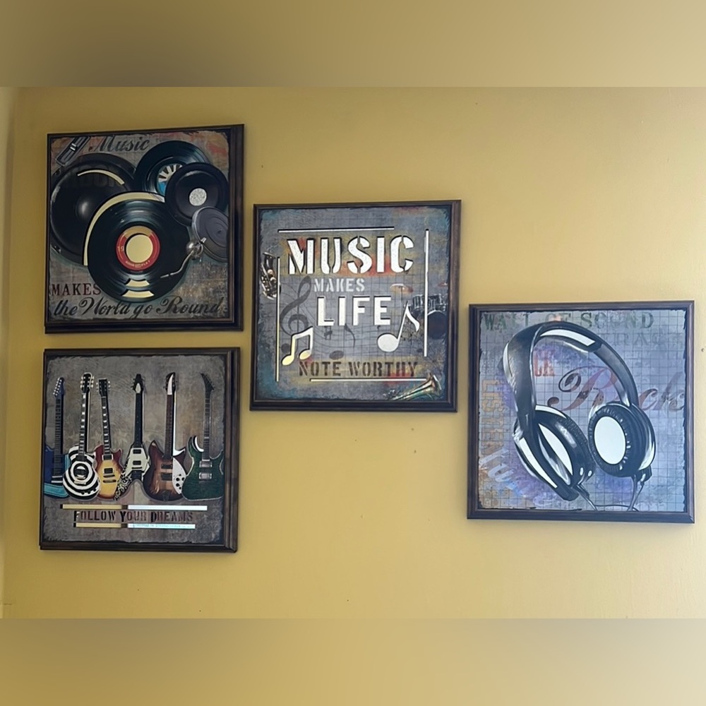 Four pieces of music wall art. These are also 13”x13” mirrors with gold frames.